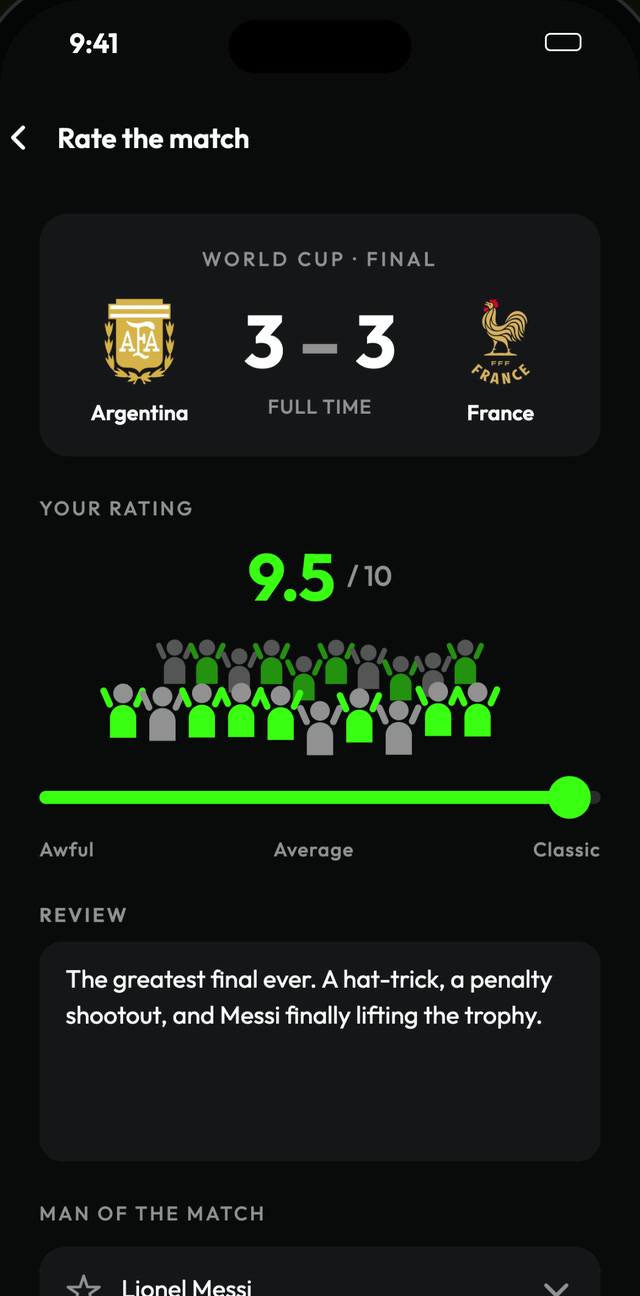 Rating screen for a match, with the rating, the review and the man of the match