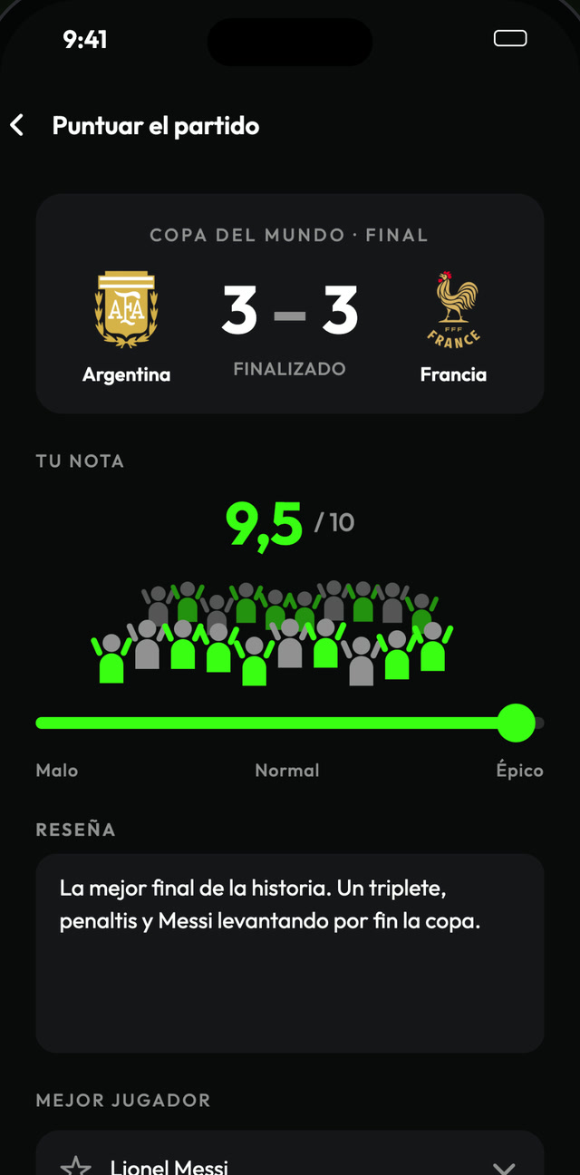 Pantalla para puntuar un partido, con la nota, la reseña y el mejor jugador