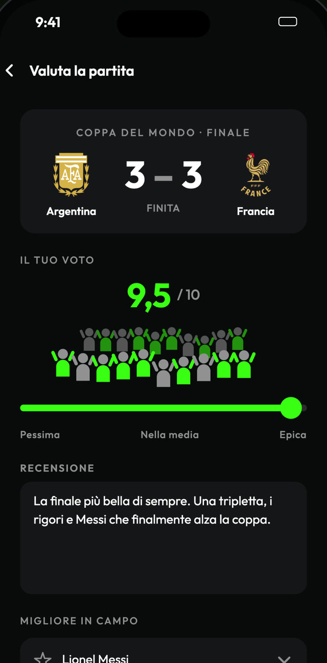 Schermata del voto di una partita, con il voto, la recensione e il migliore in campo